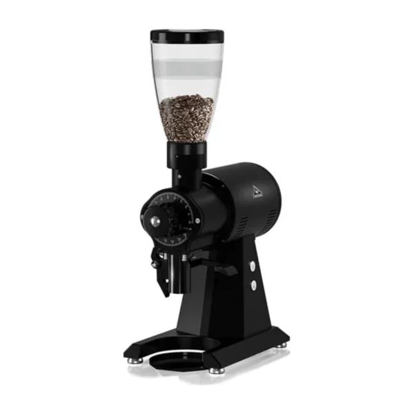 Black Mahlkönig EK43 S with short hopper, grind dial and bag holder