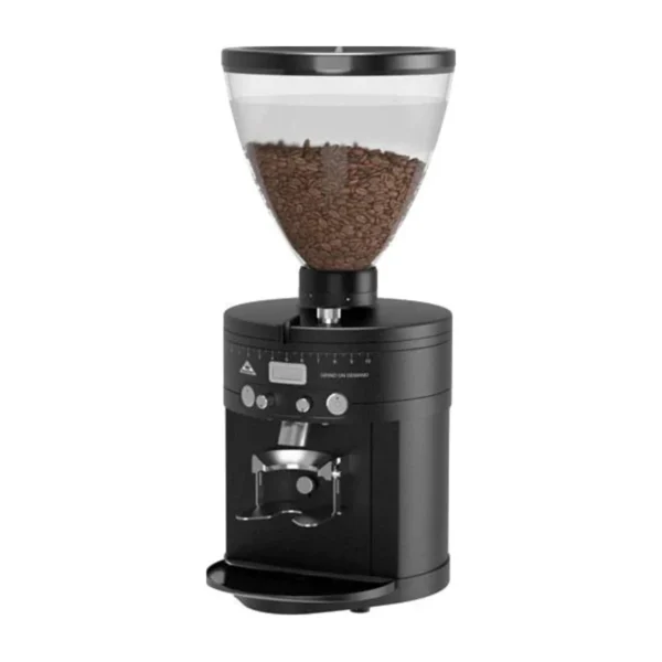 Black Mahlkönig K30 Vario Air with wide hopper of beans, display and portafilter holder