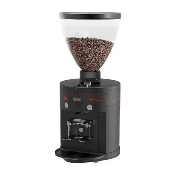 Black Mahlkönig Peak grinder with wide hopper of beans and red display