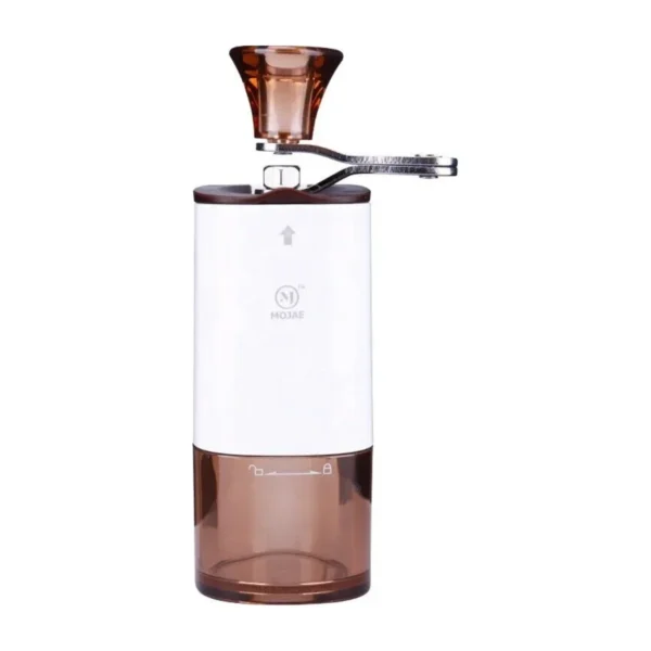 White manual coffee grinder with ceramic burrs, folding steel handle and clear bean hopper