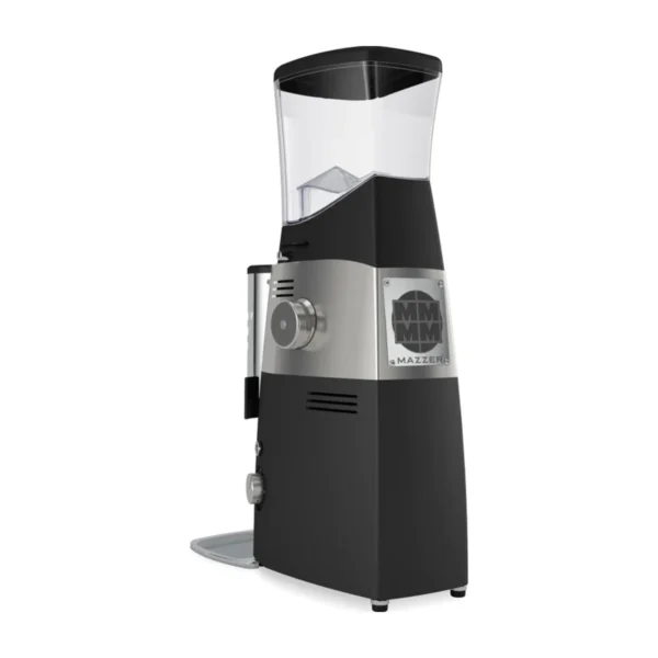 Black and silver Mazzer Kold S grinder with tall hopper and vented side panel
