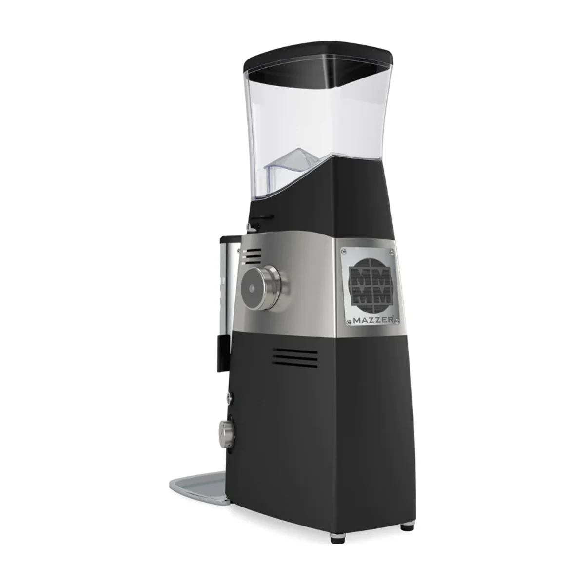 Black and silver Mazzer Kold S grinder with tall hopper and vented side panel