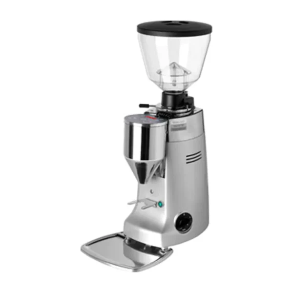 Silver Mazzer Kony Electronic with chrome chute, portafilter fork and hopper