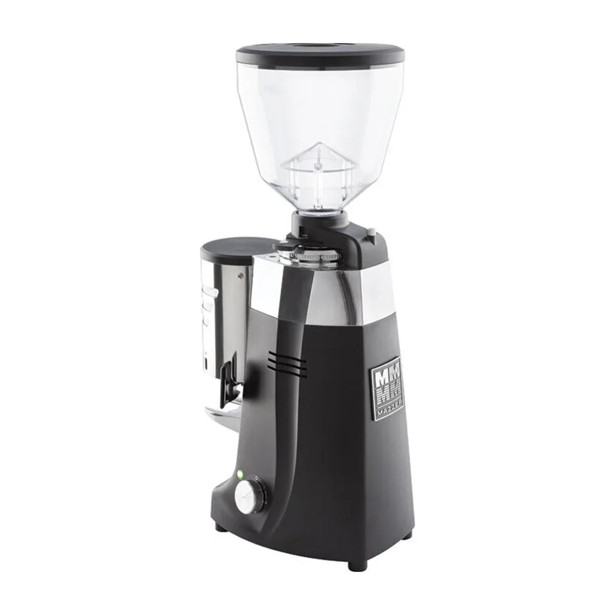 Side of the black Mazzer Kony S Automatic showing the Mazzer MM badge and power dial