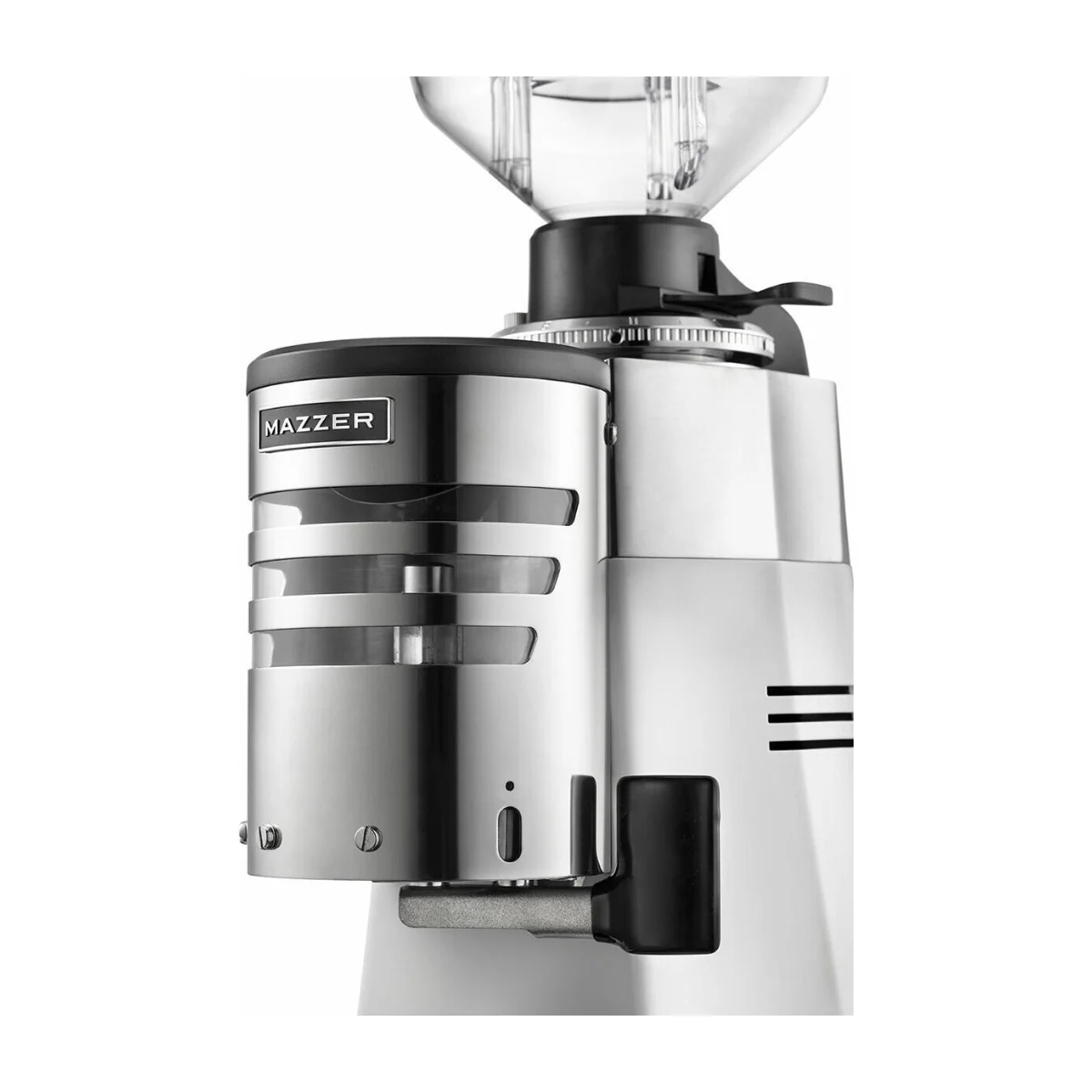 Close-up of the Mazzer Kony S Automatic chrome doser chamber and grind collar