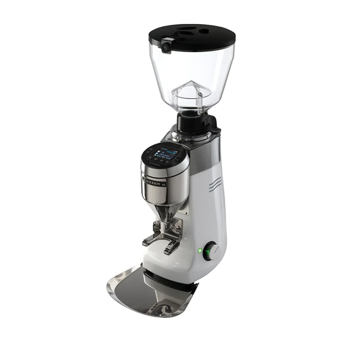 Silver Mazzer Kony S Electronic with digital display, portafilter fork and hopper