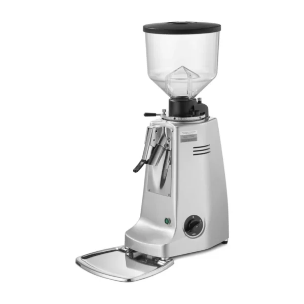 Mazzer Major Grocery coffee grinder, silver with clear hopper and bag rest
