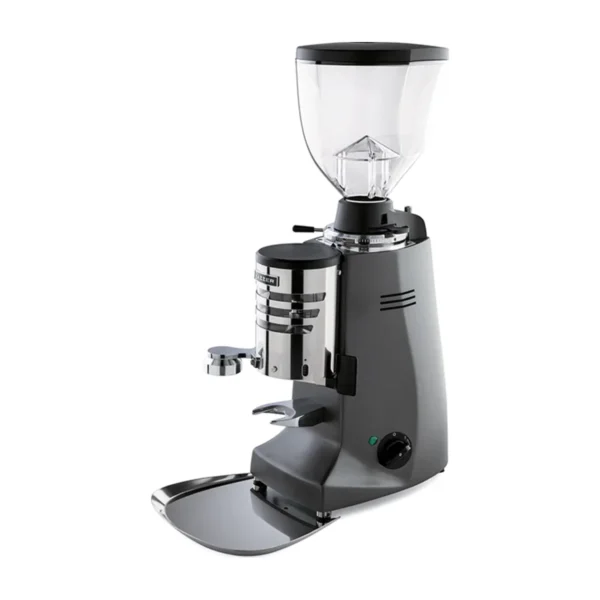 Dark grey Mazzer Major V Automatic with chrome doser, lever and hopper