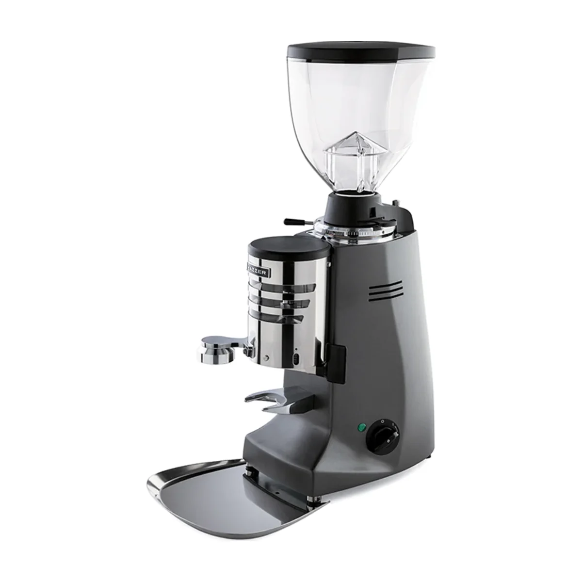 Dark grey Mazzer Major V Automatic with chrome doser, lever and hopper