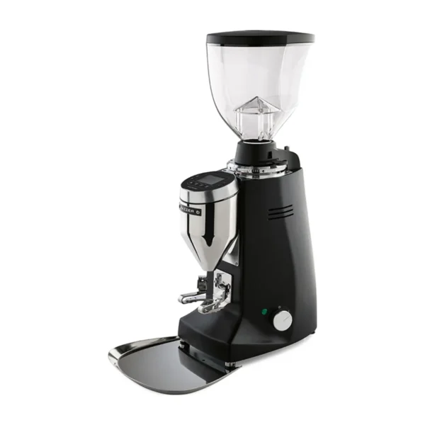 Black Mazzer Major V Electronic with chrome chute, portafilter fork and hopper