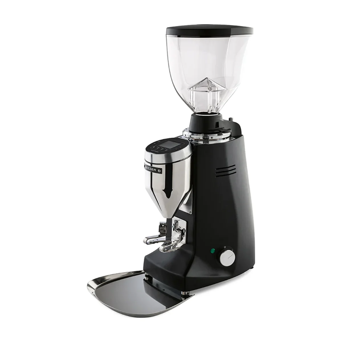 Black Mazzer Major V Electronic with chrome chute, portafilter fork and hopper