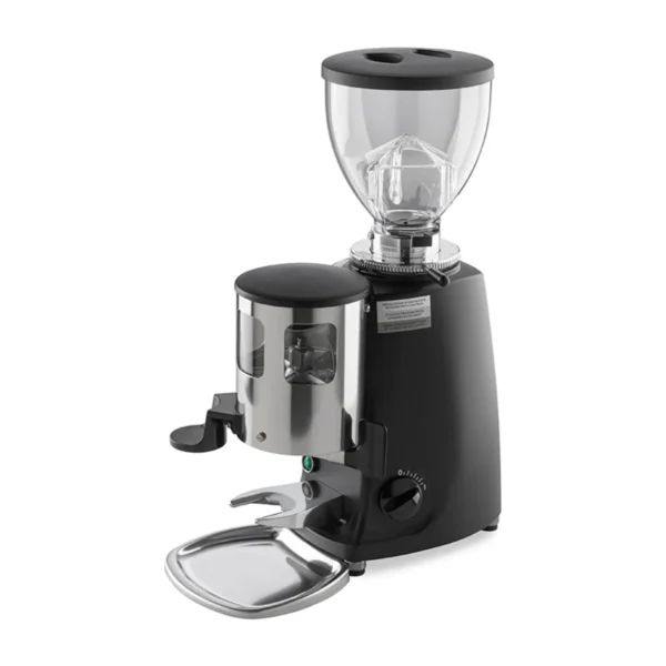 Black Mazzer Mini Automatic doser grinder with chrome doser and hopper