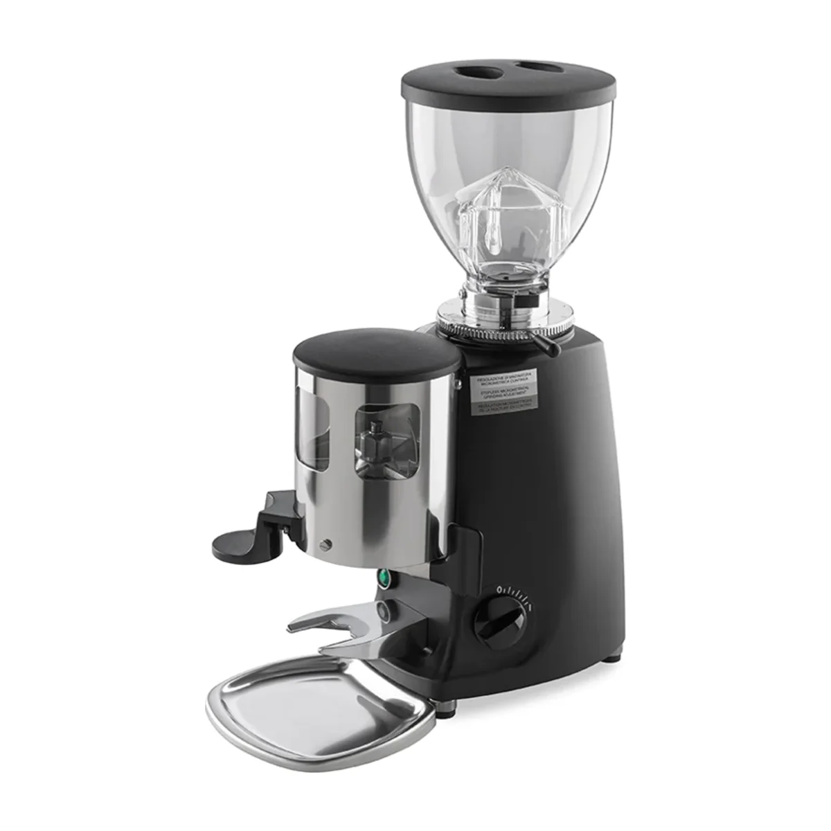 Black Mazzer Mini Automatic doser grinder with chrome doser and hopper