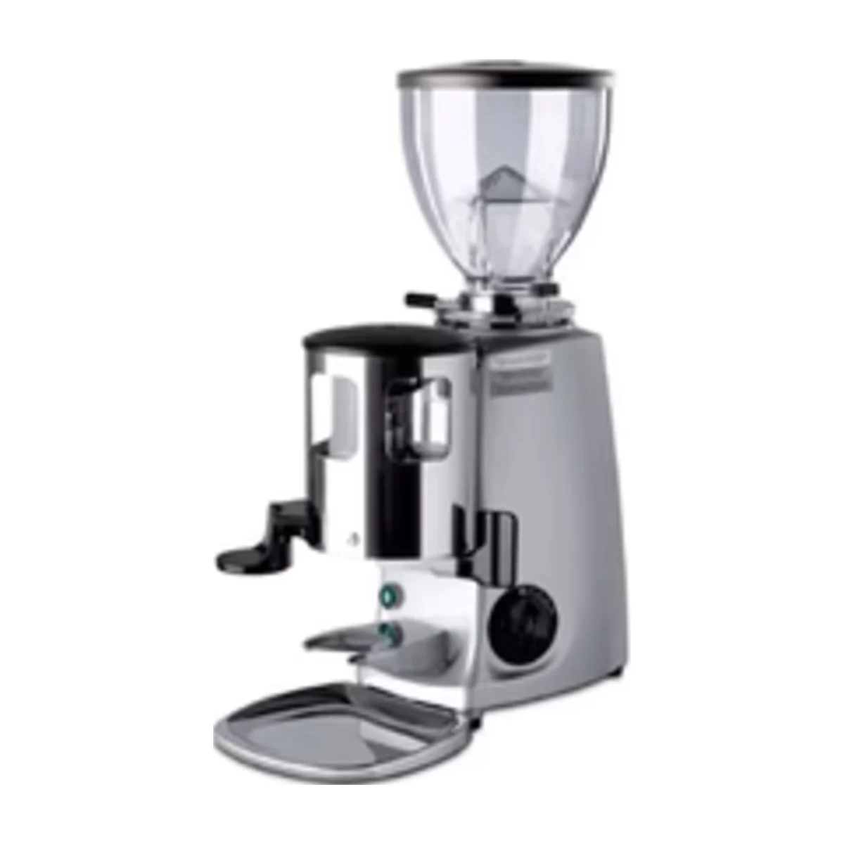 Silver Mazzer Mini Automatic with chrome doser, lever and clear hopper