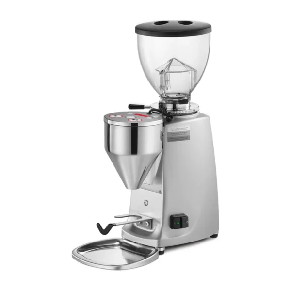 Mazzer Mini Electronic A coffee grinder, silver with push-button control top and clear hopper