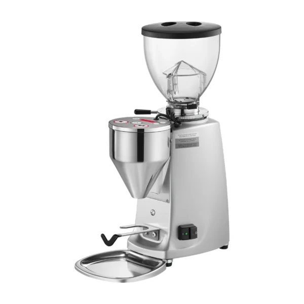 Mazzer Mini Electronic A coffee grinder, silver, three-quarter front view