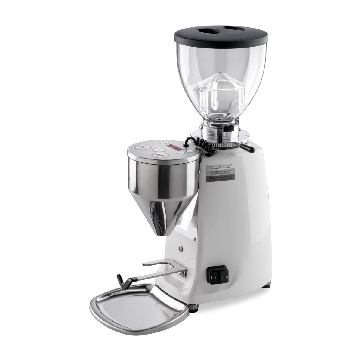 Mazzer Mini Electronic A coffee grinder, white, three-quarter front view