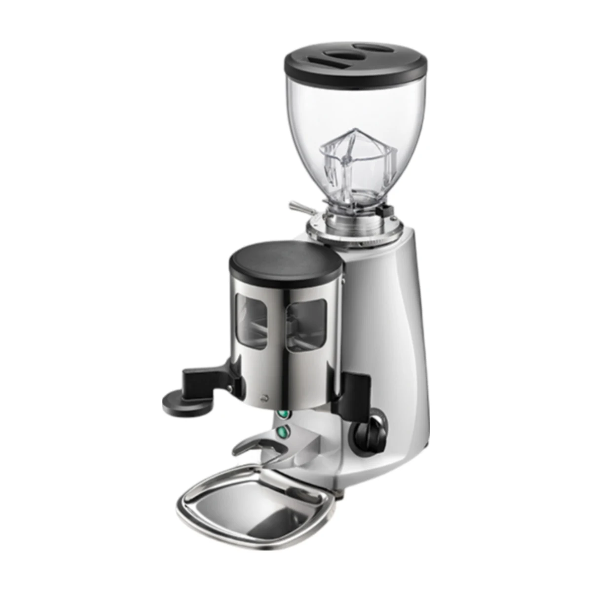 Mazzer Mini Manual coffee grinder, silver, three-quarter front view