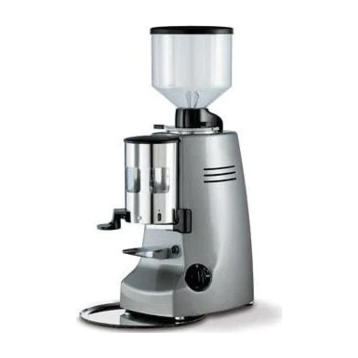 Silver Mazzer Robur Automatic with chrome doser and tall clear hopper