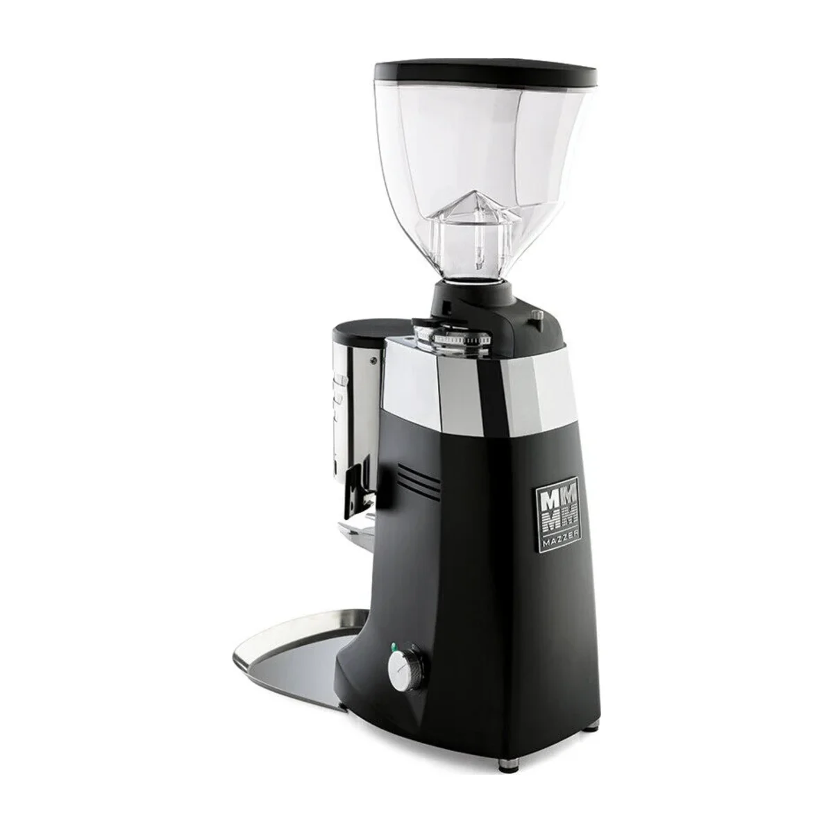 Black Mazzer Robur S Automatic grinder seen from the side with MM badge