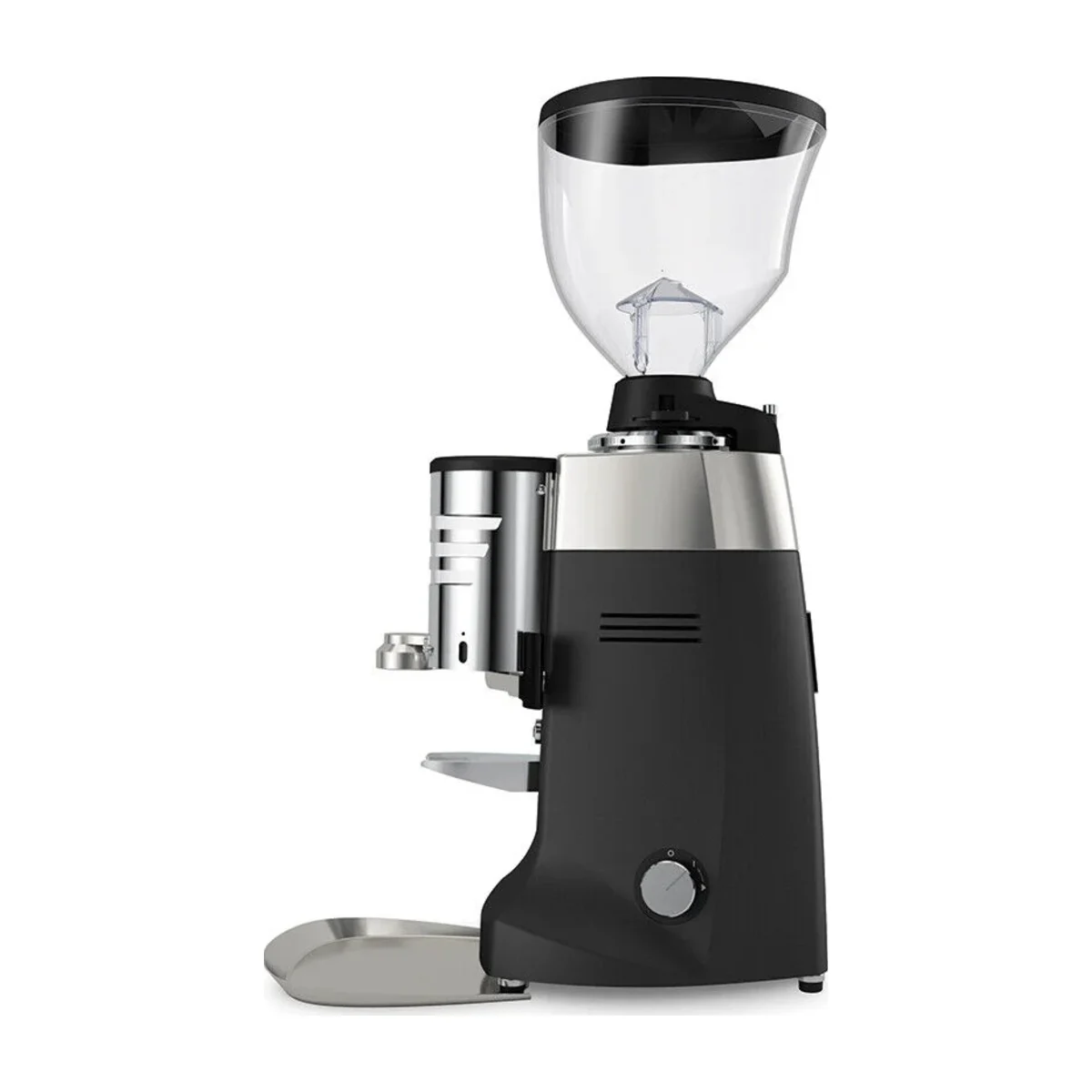 Side profile of the Mazzer Robur S Automatic showing hopper, doser and tray