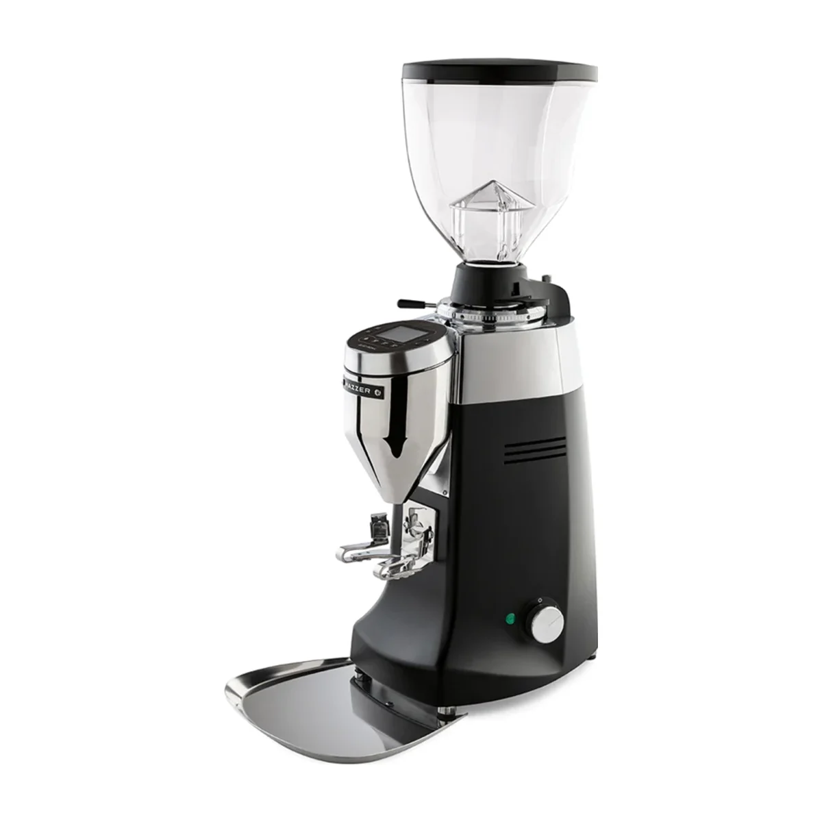 Black Mazzer Robur S Electronic with chrome chute, fork and clear hopper