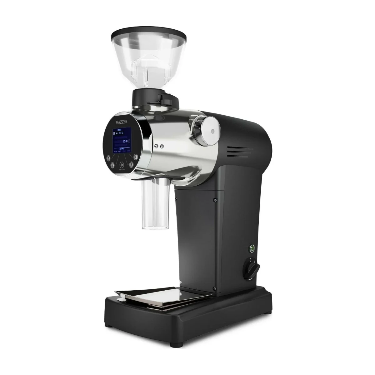Mazzer ZM digital grinder in black with round colour display and dosing cup