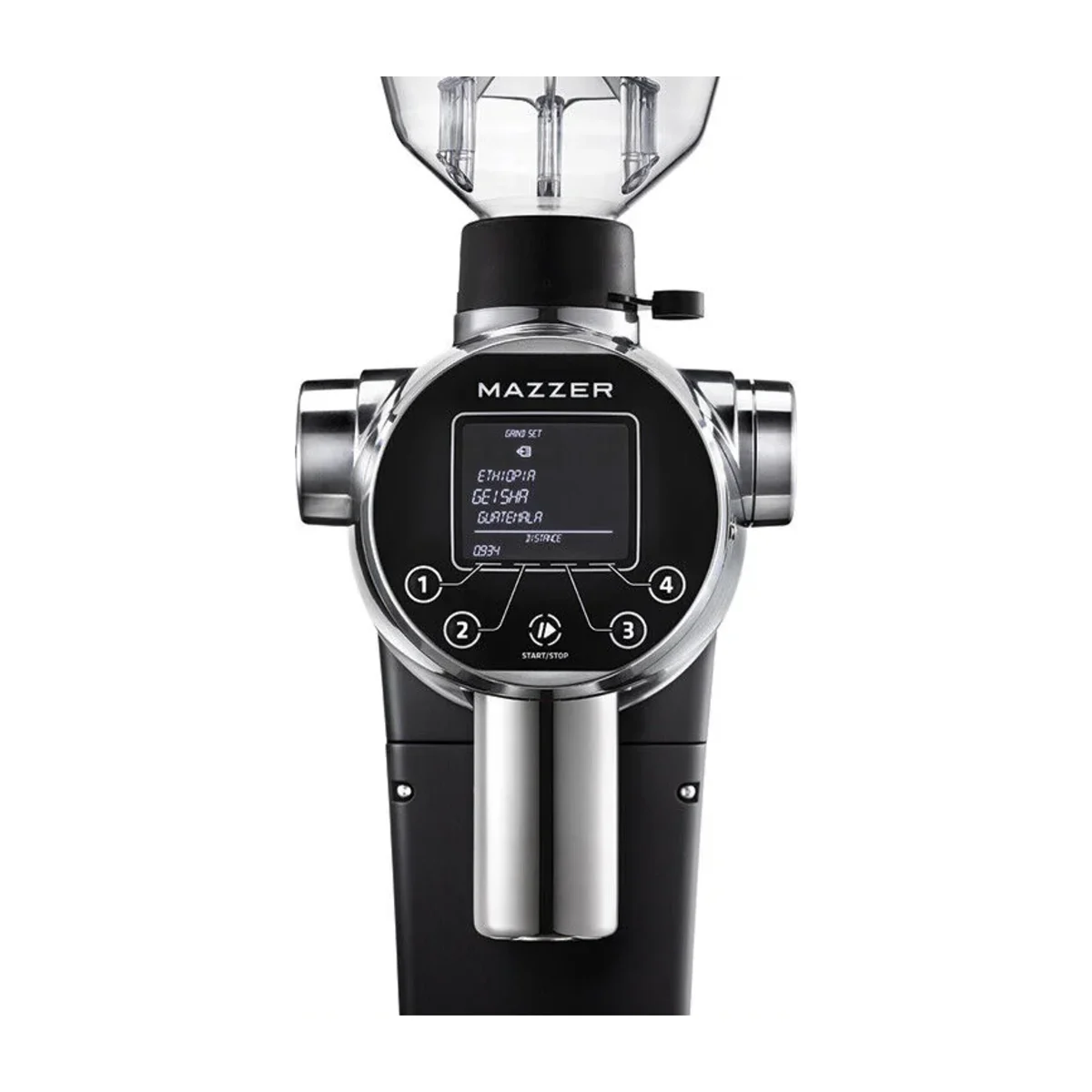 Front of the Mazzer ZM grinder showing the round screen with saved bean recipes