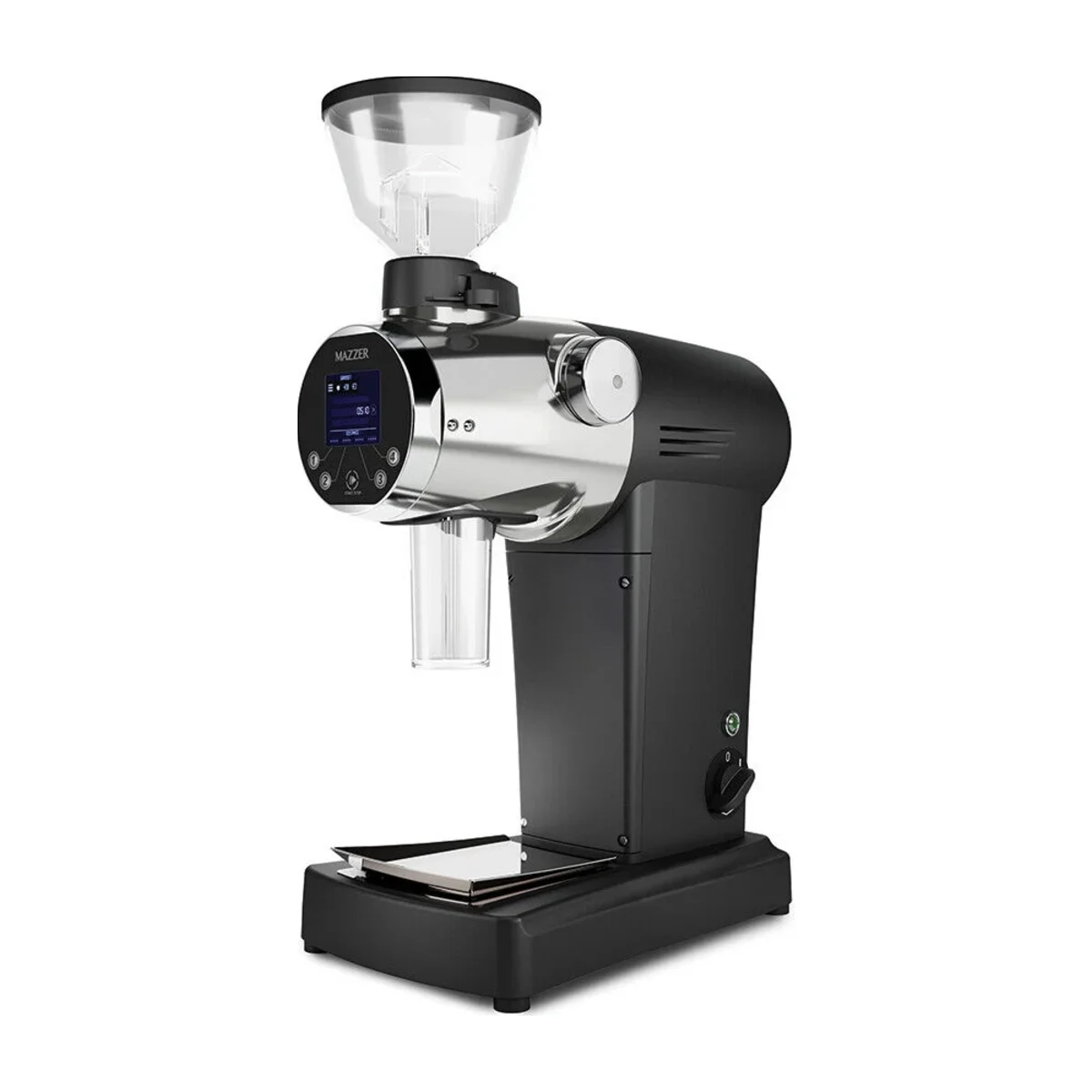 Three-quarter view of the black Mazzer ZM 83 mm flat burr grinder