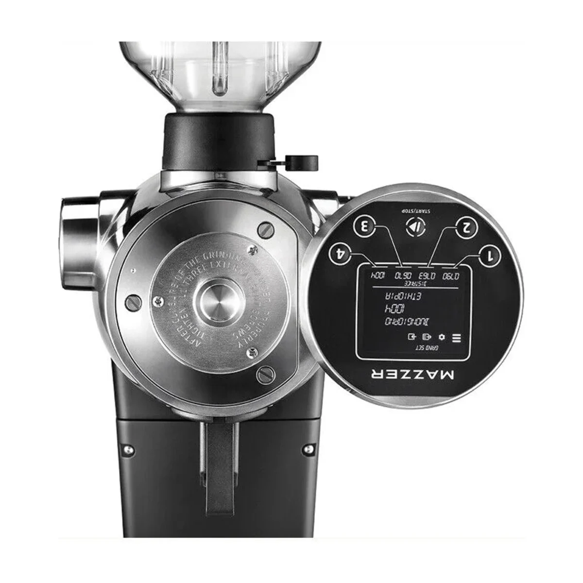 Mazzer ZM with the display swung open to reach the 83 mm flat burr chamber
