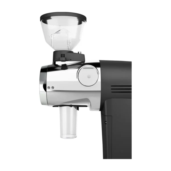Close view of a Mazzer ZM Filter with clear hopper, silver grinding head and canister