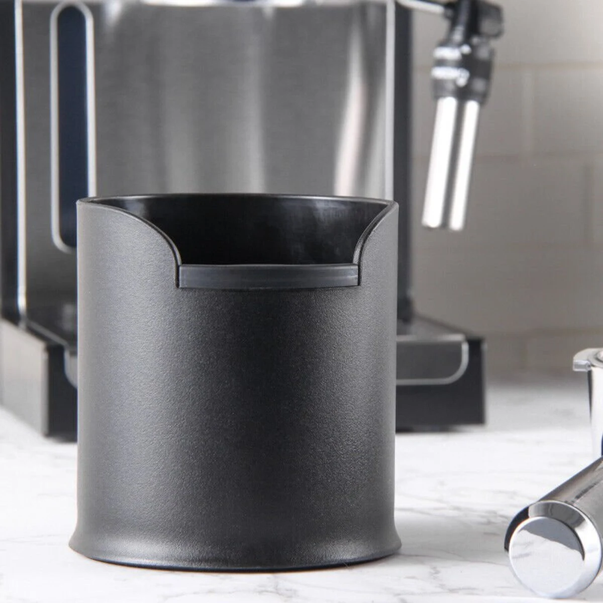 Mini Coffee Knock Box, side view on bench