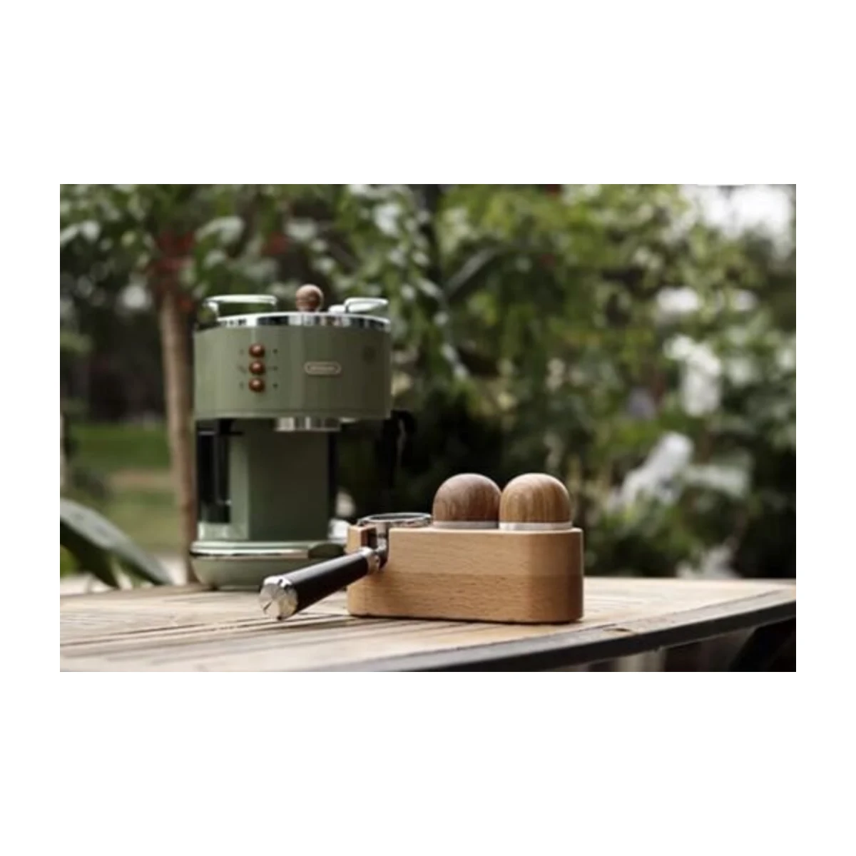 MOJAE 53 mm Tamper Station, on a bench beside a machine