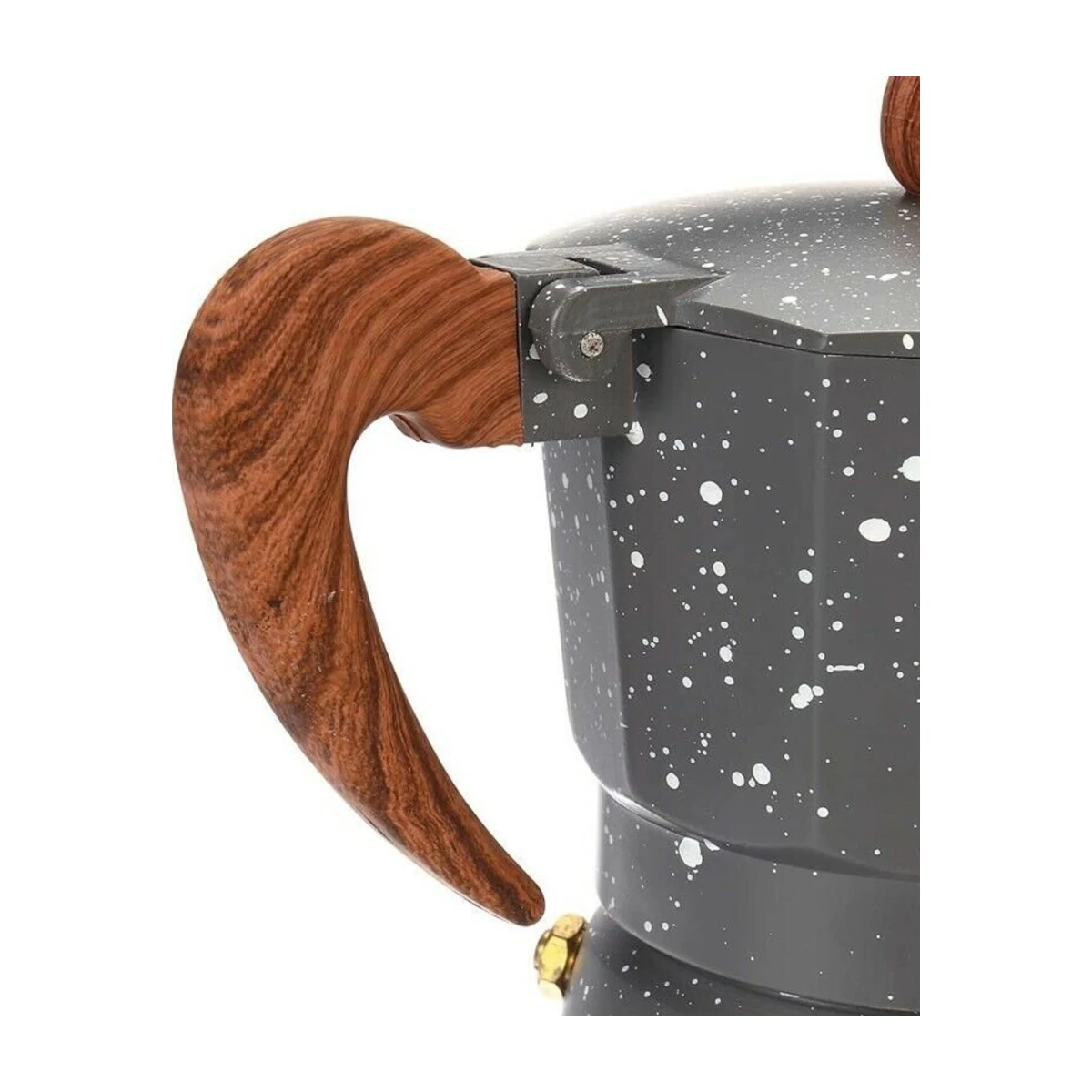 Moka Pot 3 or 6 Cup, wood-grain handle close-up