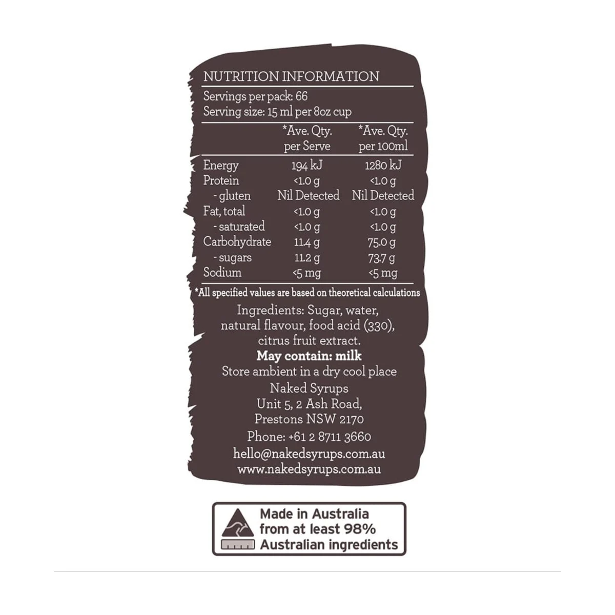 Naked Syrups Vanilla Syrup – nutrition and ingredients panel