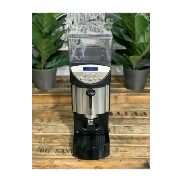 Nuova Simonelli Mythos Plus coffee grinder, black and chrome, front view