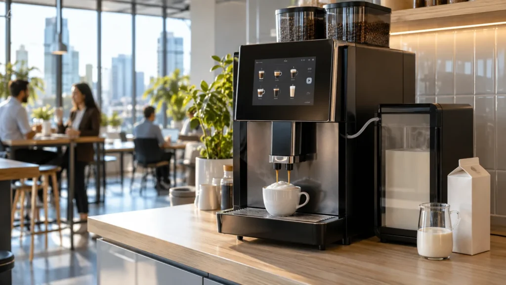 An oat milk coffee machine setup in a Melbourne office: a commercial superautomatic machine with a refrigerated milk unit pours a cappuccino beside a carton and jug of oat milk.