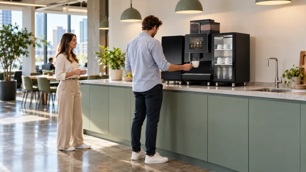 Commercial superautomatic coffee machine with a milk fridge and cup cabinet on a stone bench in a bright office breakout kitchen, one worker taking a coffee while another waits
