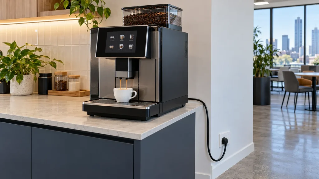 Commercial superautomatic coffee machine on an office kitchen bench with its power cable running to a wall socket near the skirting board