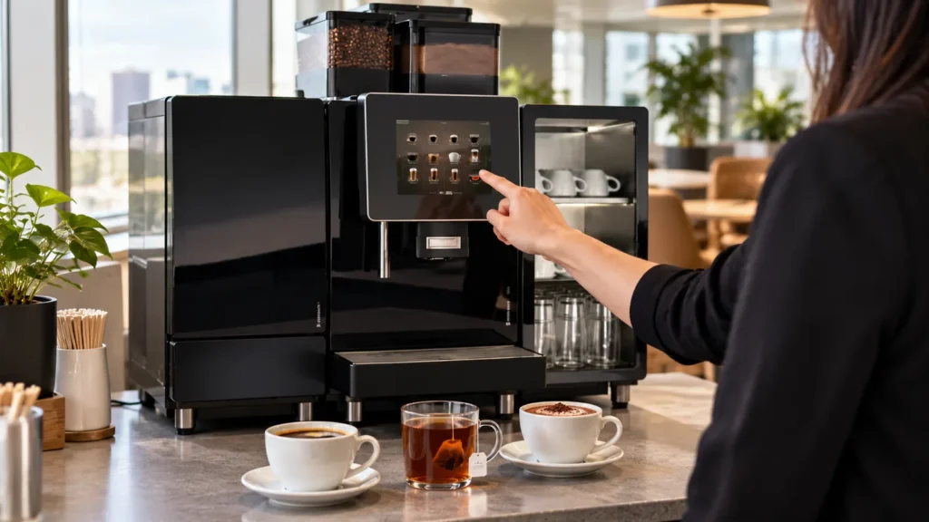 Coffee, a glass mug of tea and a hot chocolate on the bench beside a commercial superautomatic coffee machine in an office kitchen
