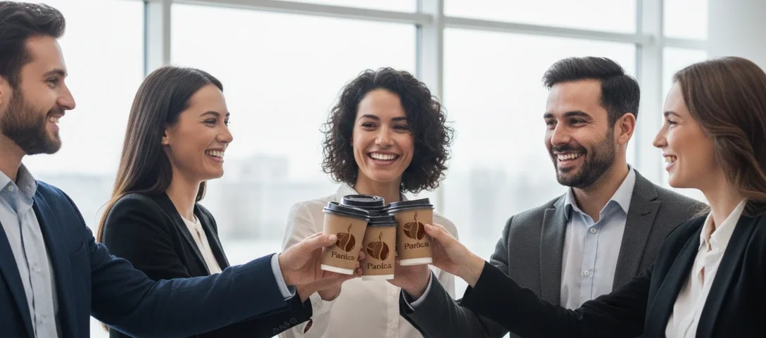 Office team raising takeaway coffee cups together