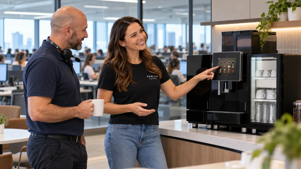 Panica Coffee consultant showing a contact centre team leader a superautomatic coffee machine in the break room