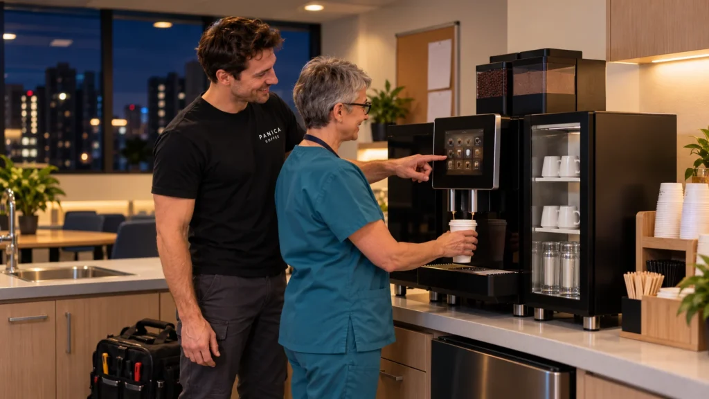 Panica Coffee technician showing a nurse how to use a superautomatic coffee machine in a hospital staff room at night