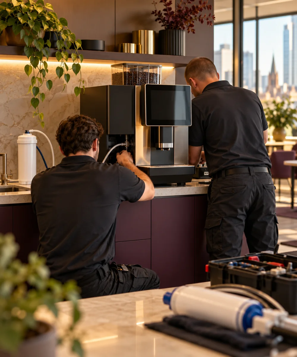Two Panica technicians installing a commercial bean-to-cup coffee machine in a Melbourne office kitchen