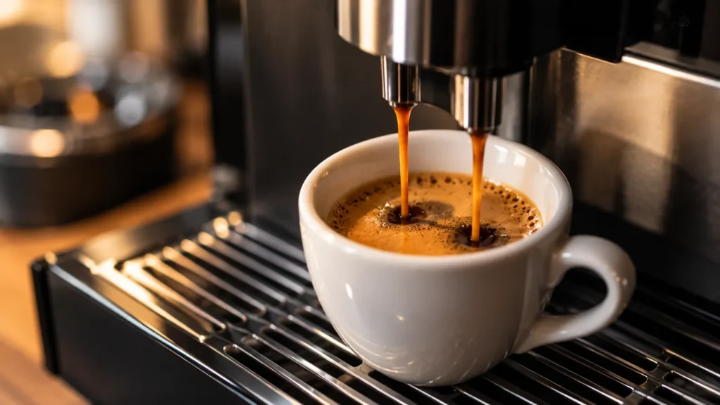 Espresso extracting from a machine spout into a small white cup with golden crema forming on the surface