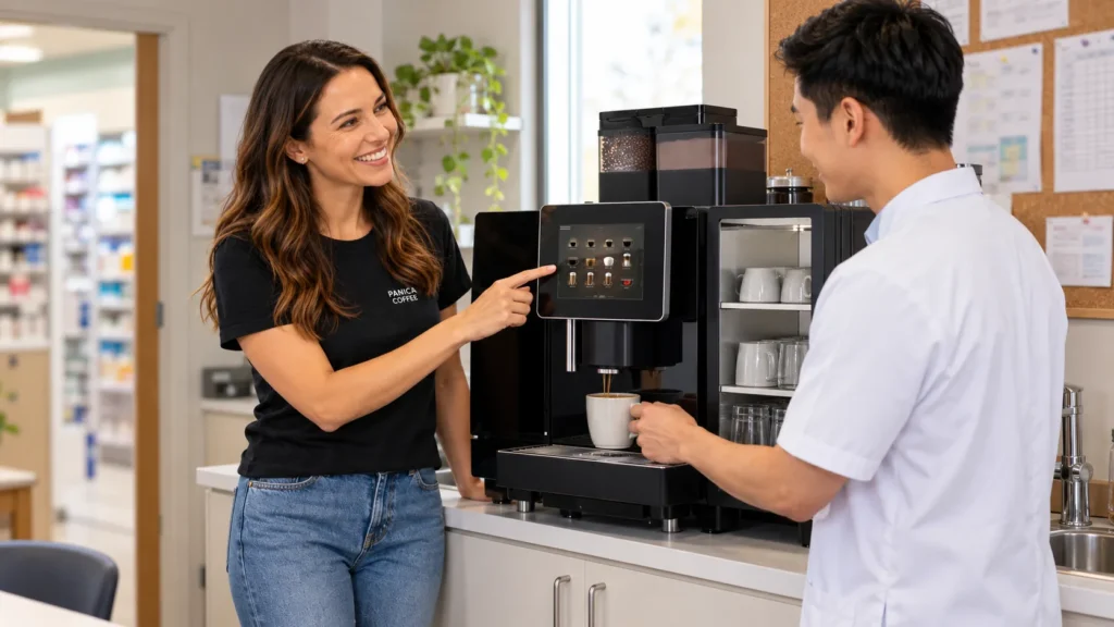 Panica Coffee consultant showing a pharmacy staff member the touchscreen of a superautomatic coffee machine in a pharmacy staff room