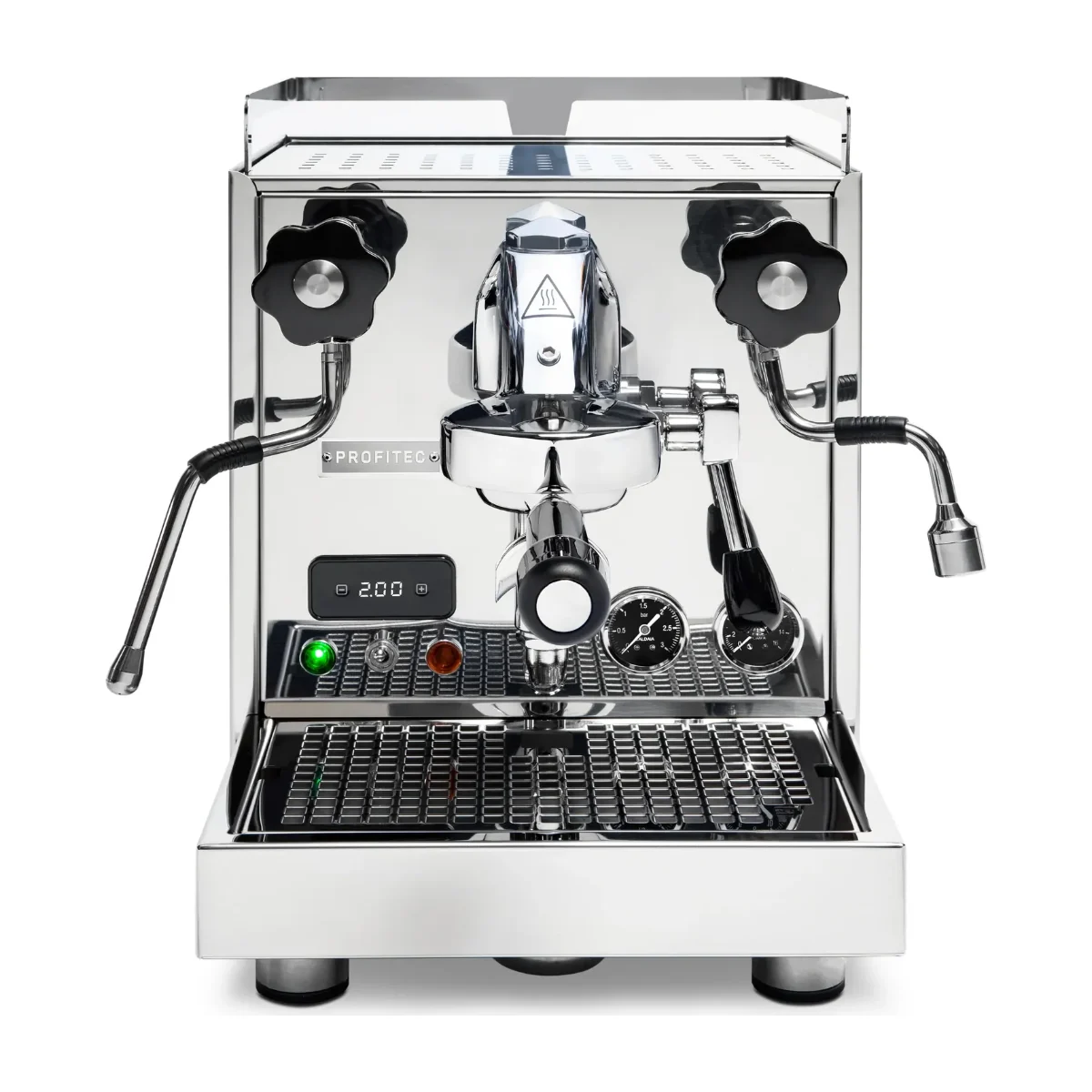 Profitec Pro 500 PID, stainless steel with rotary valve knobs and flow-control device, front view