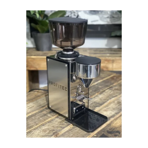 Profitec Pro T64 coffee grinder, stainless steel, three-quarter view