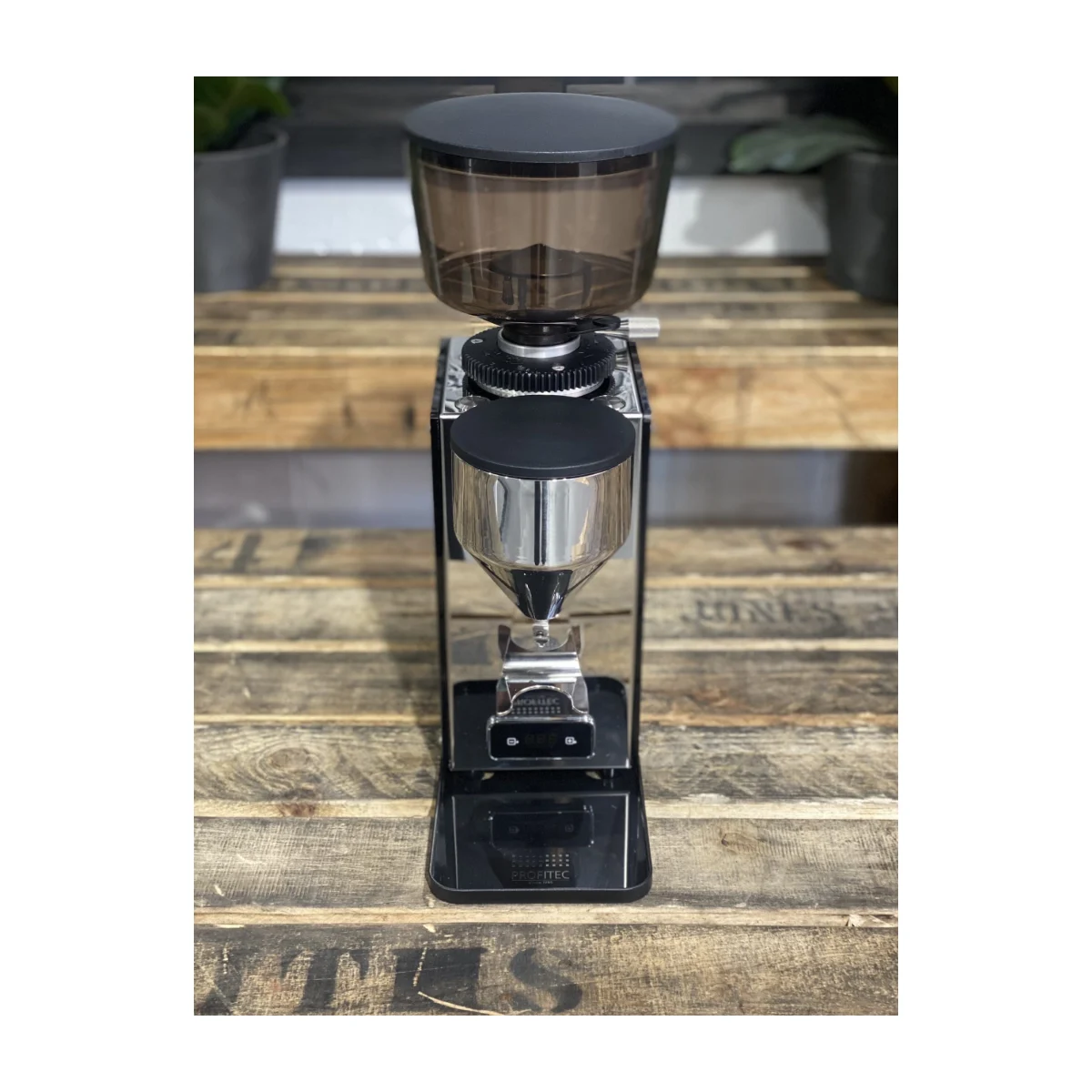 Profitec Pro T64 coffee grinder, stainless steel, front view
