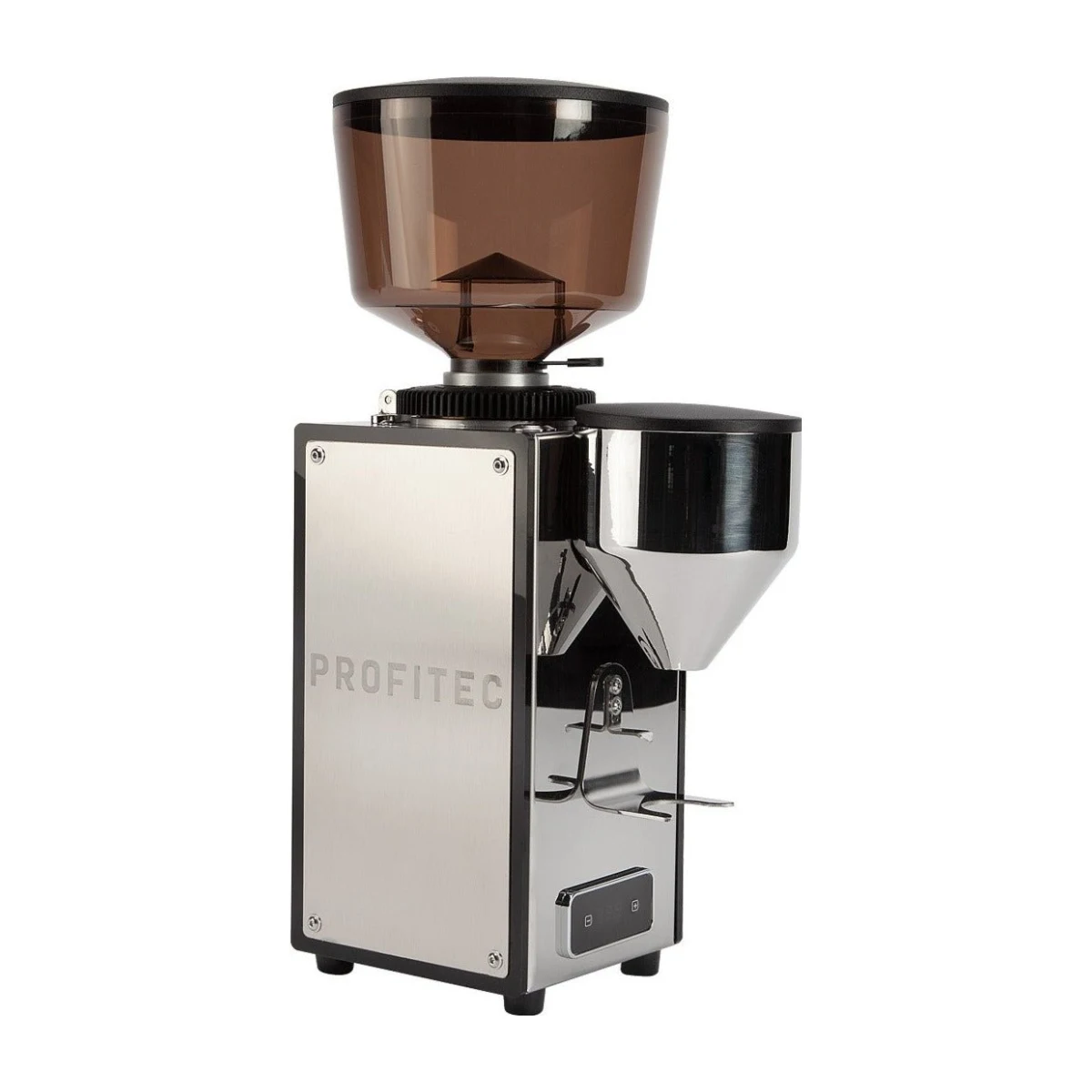 Profitec Pro T64 coffee grinder, stainless, angled view